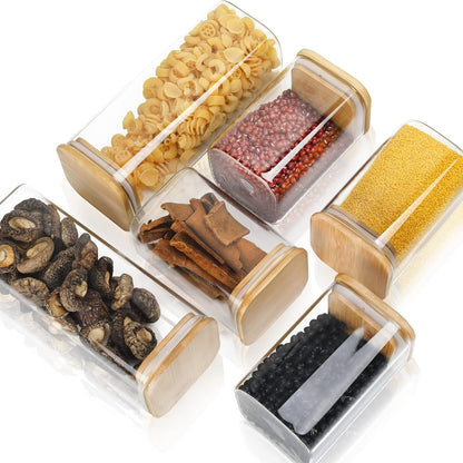 LIBWYS 12-Piece Square Glass Storage Jars with Bamboo Lids