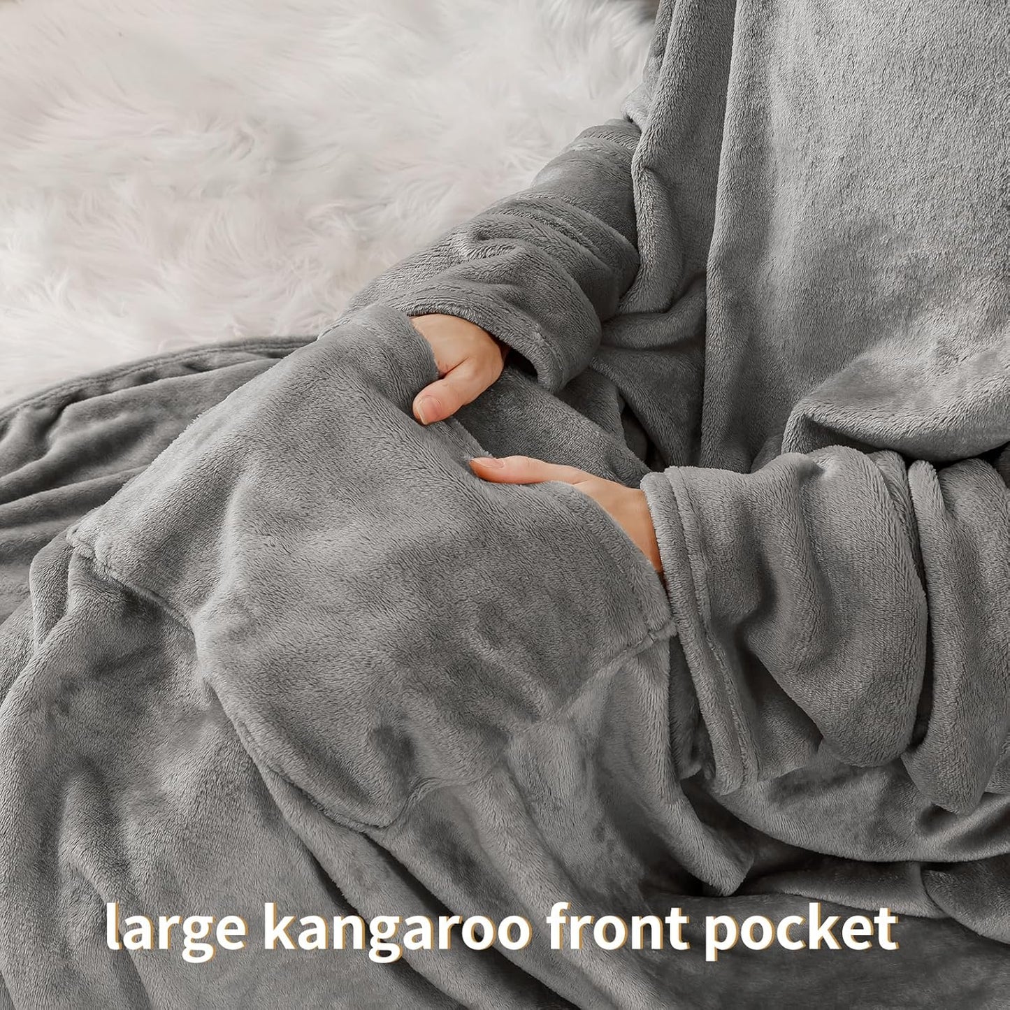 RUIKASI Grey Fleece Wearable Blanket with Sleeves and Foot Pocket
