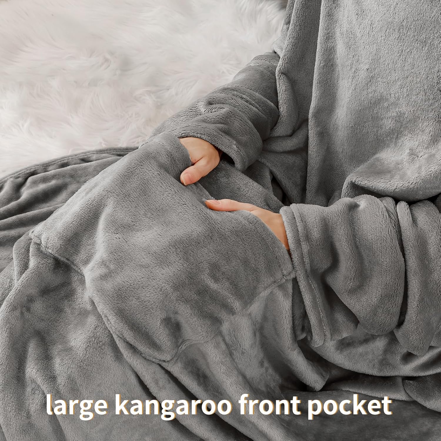 RUIKASI Grey Fleece Wearable Blanket with Sleeves and Foot Pocket