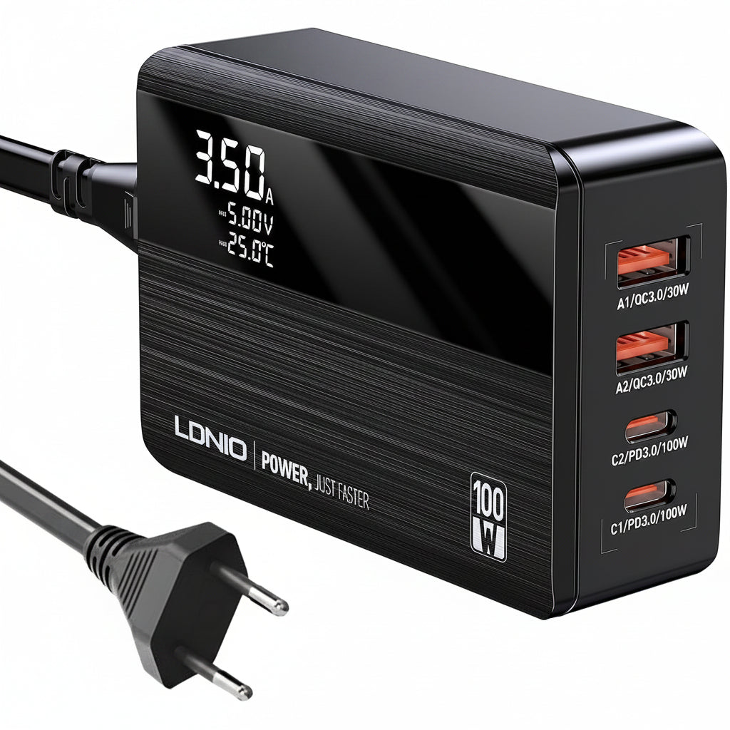 LDNIO A4809C 100W GaN 4-Port USB C Wall Charger with PD3.0 QC4.0 Multiport PPS Fast Charging Station Black