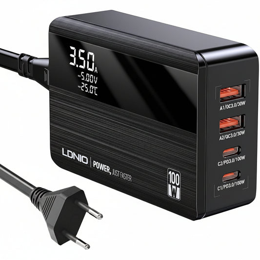 LDNIO A4809C 100W GaN 4-Port USB C Wall Charger with PD3.0 QC4.0 Multiport PPS Fast Charging Station Black