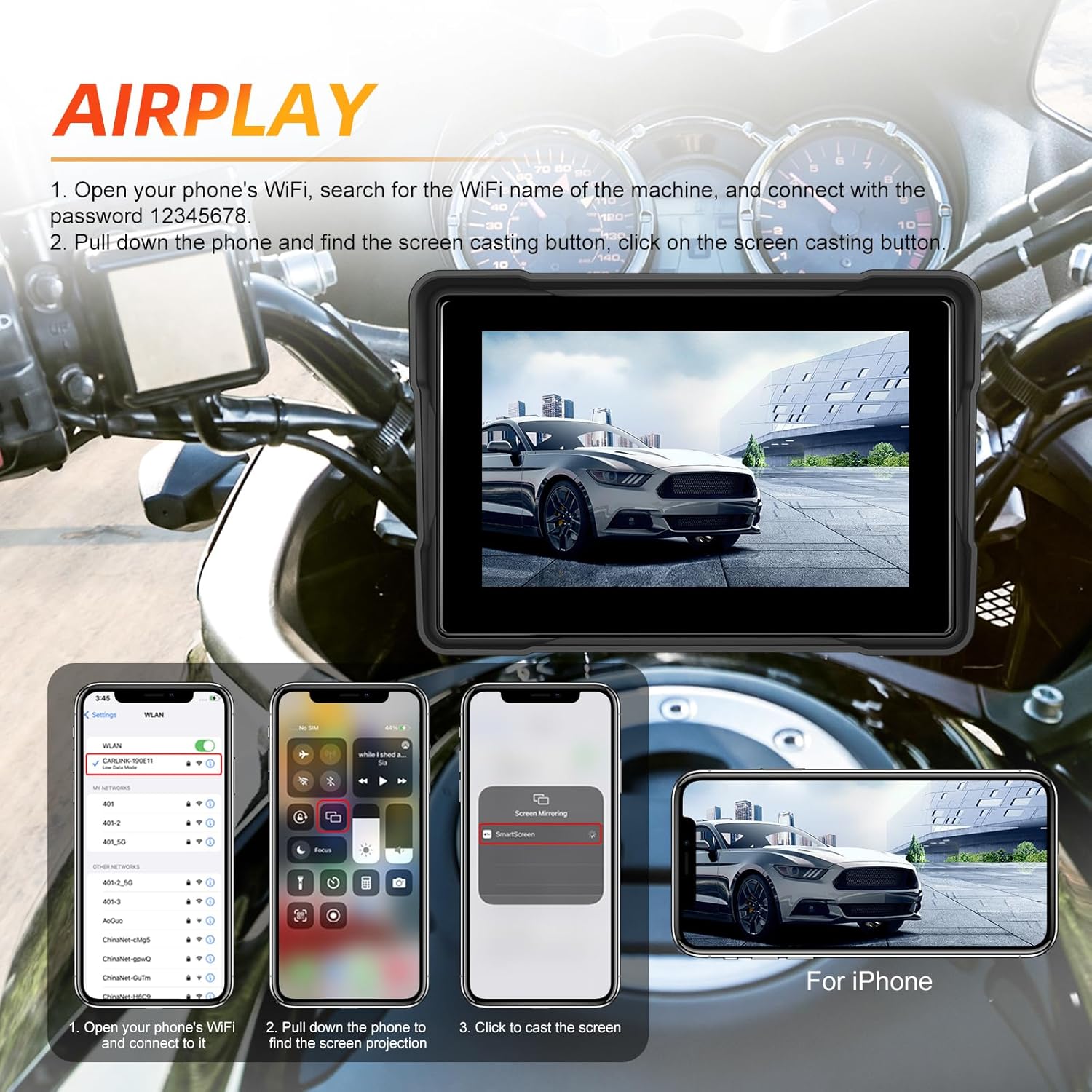 CAMECHO 5-inch Waterproof Wireless Motorcycle CarPlay Android Auto Touchscreen