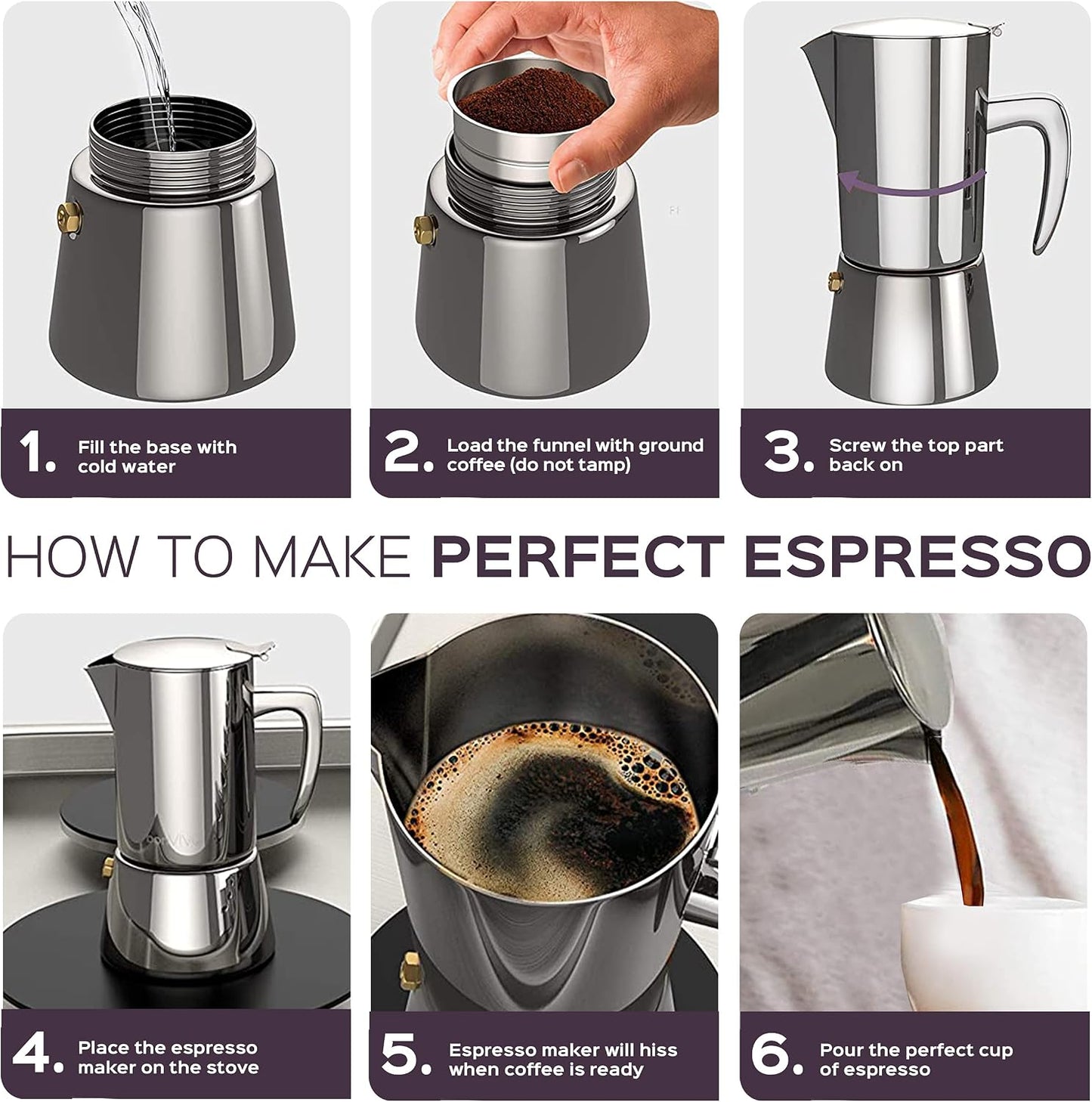 BonVIVO Moka Pot 6 Cup Stainless Steel Espresso Maker Silver Chrome
