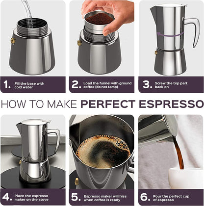 BonVIVO Moka Pot 6 Cup Stainless Steel Espresso Maker Silver Chrome