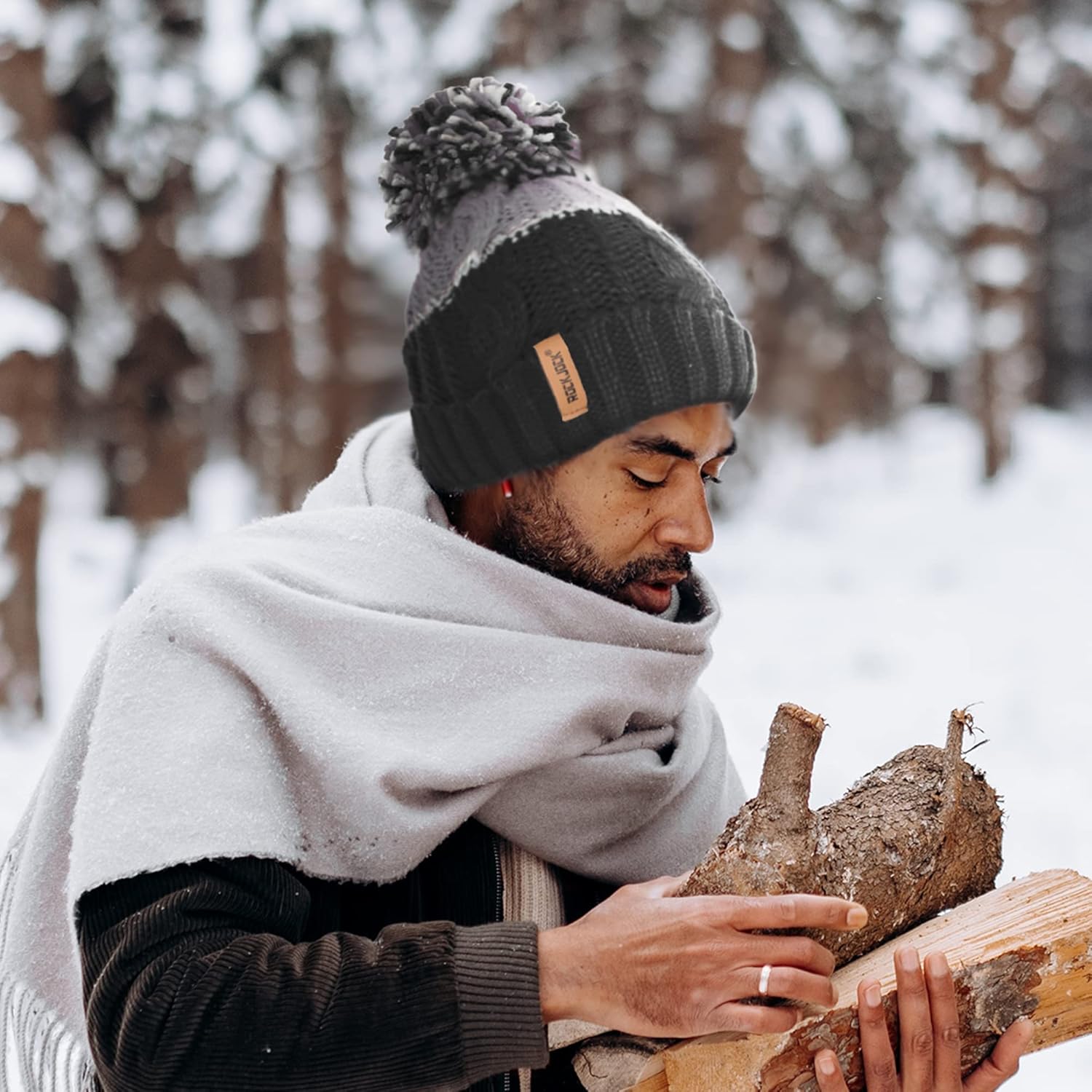 RockJock Warm Winter Chunky Colour Block Pompom Hat Thermal Liner