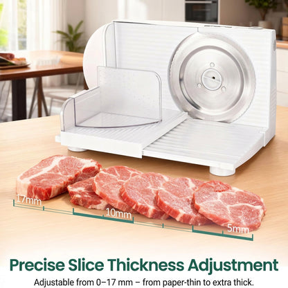 EMERIO White meat slicer with sliced raw meat on a wooden surface, showing precise cutting adjustments.