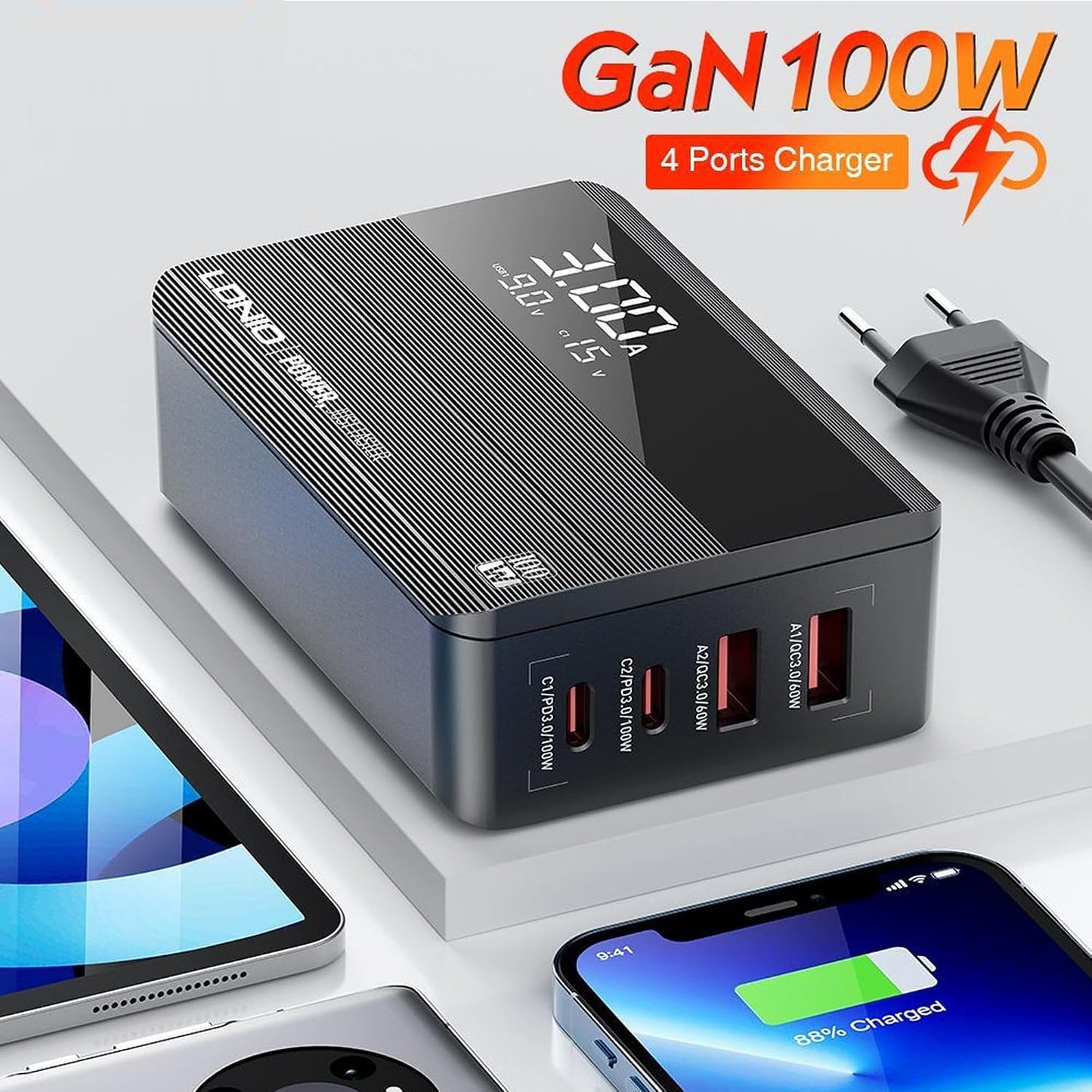 LDNIO A4809C 100W GaN 4-Port USB C Wall Charger with PD3.0 QC4.0 Multiport PPS Fast Charging Station Black