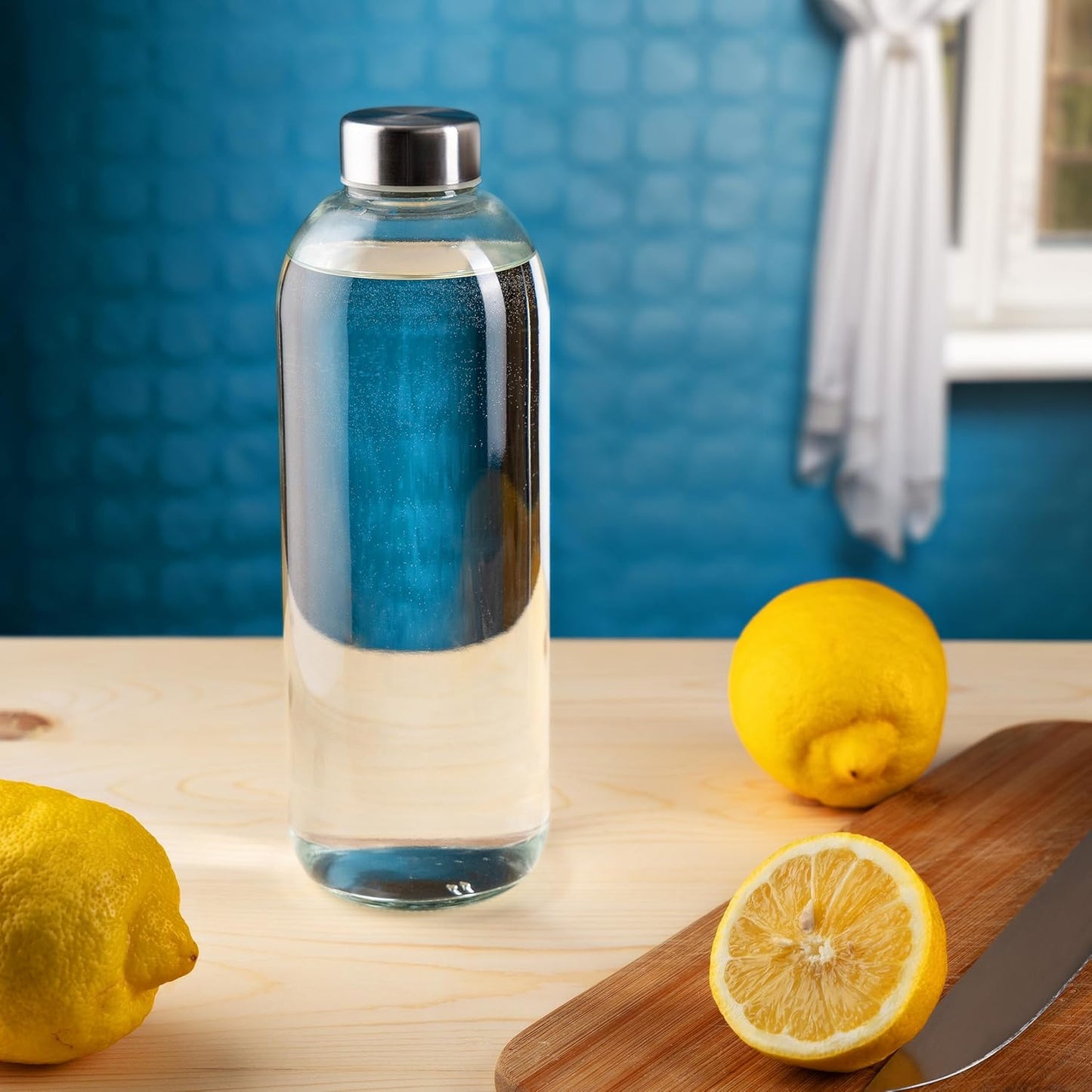 BrandPrint Eos 1 Liter Glass Bottles Set of 6 with Silver Screw Caps for Drinks & Juices