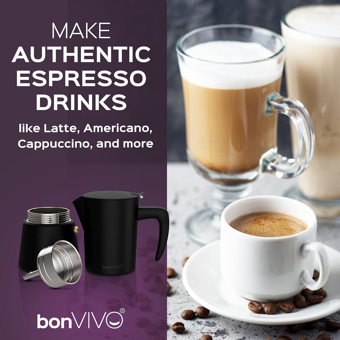 BonVIVO Moka Pot 6 Cup Stainless Steel Espresso Maker Silver Chrome