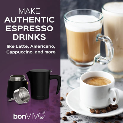 BonVIVO Moka Pot 6 Cup Stainless Steel Espresso Maker Silver Chrome