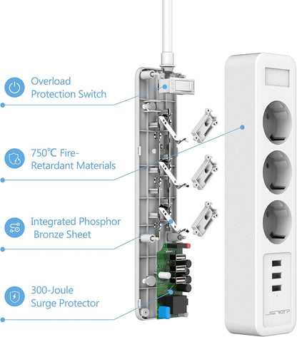 JSVER Strip with 3 Outlets, 3 USB Ports, 2m Cable