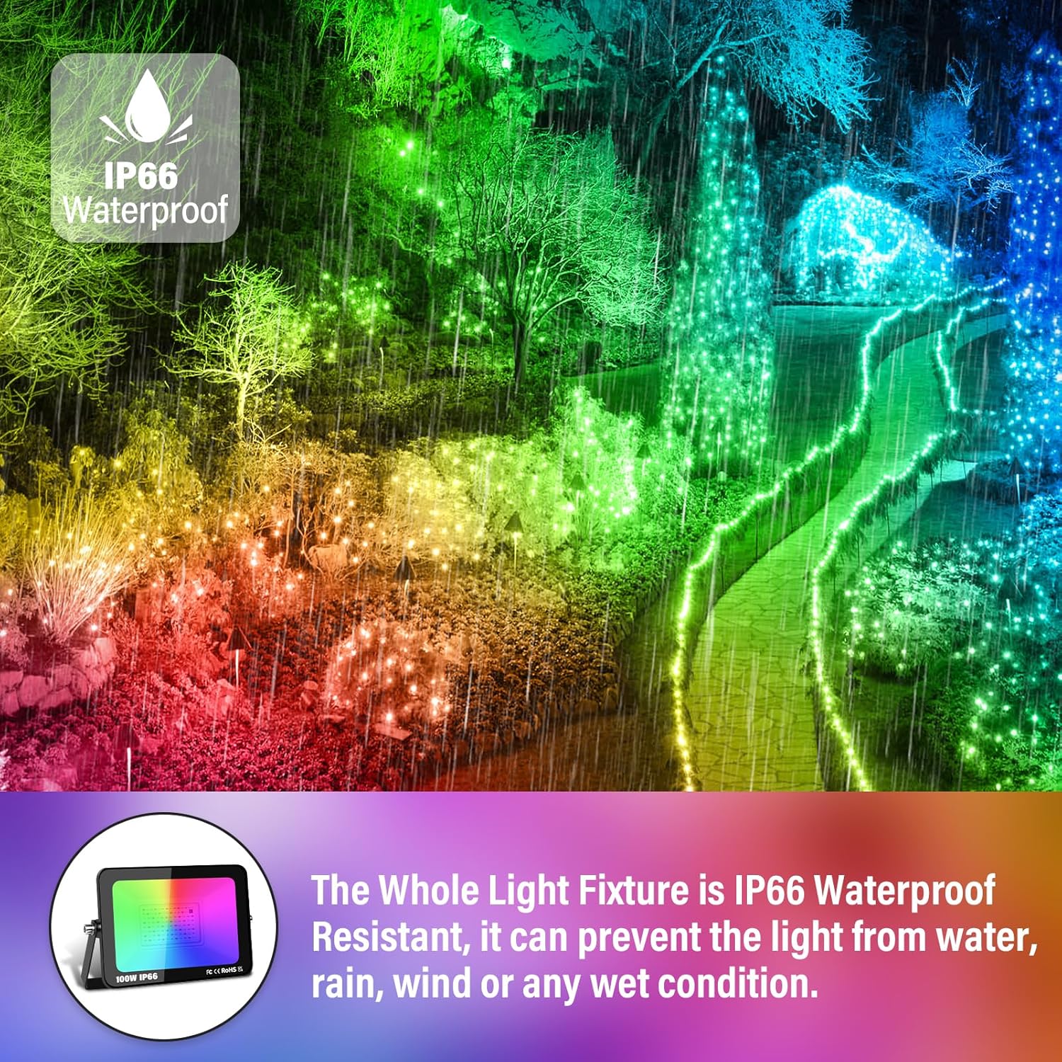 PICAA Outdoor Security LED Floodlight 100W RGB Color Changing with Remote Control IP66 Waterproof Dimmable Wall Light