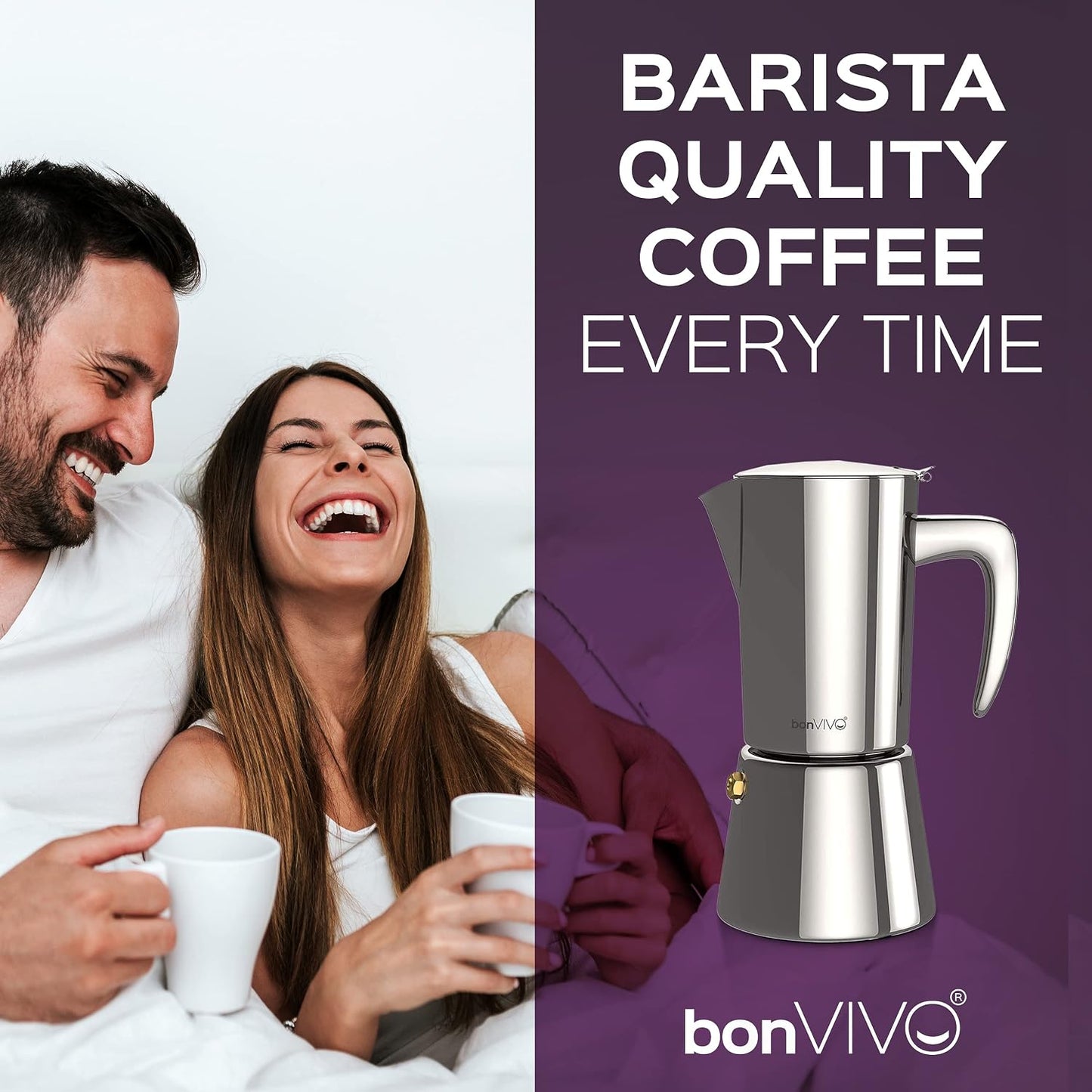 BonVIVO Moka Pot 6 Cup Stainless Steel Espresso Maker Silver Chrome