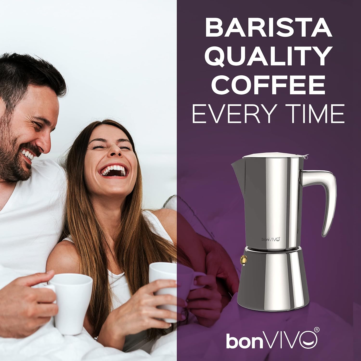 BonVIVO Moka Pot 6 Cup Stainless Steel Espresso Maker Silver Chrome