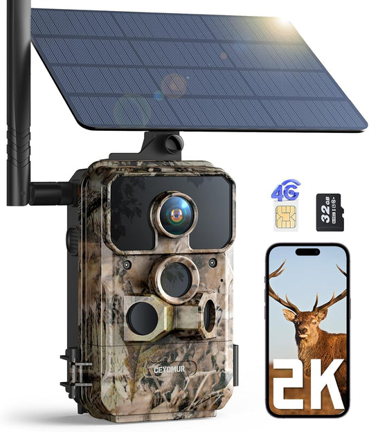 CEYOMUR 4G LTE Cellular Trail Camera: 2K HD Live Feed, Night Vision, Solar Powered