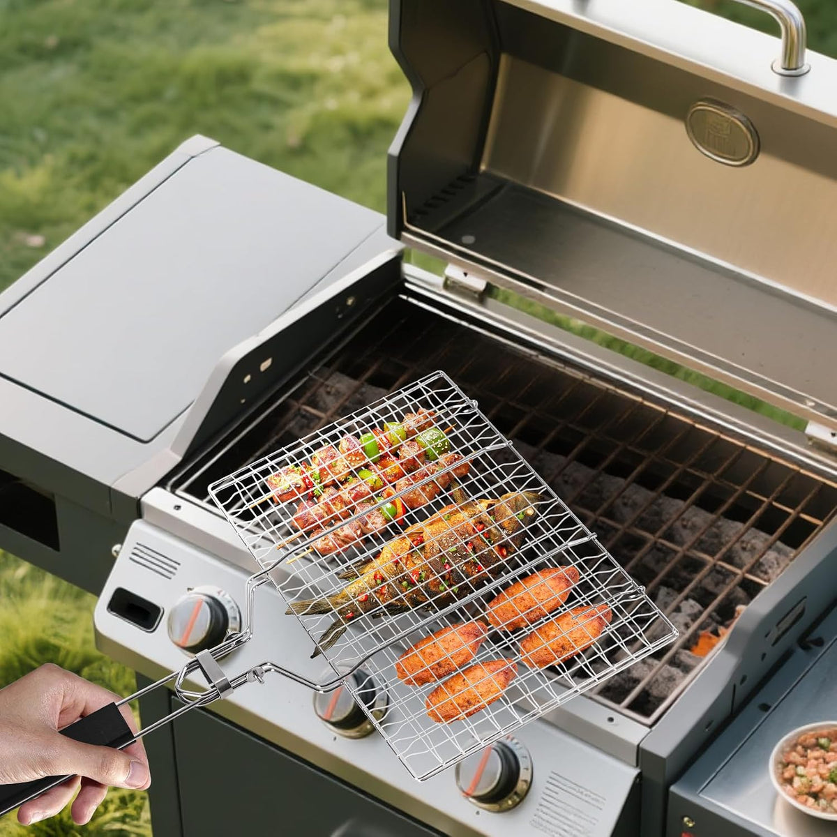 Ribber Folding Portable Fish Grilling Basket for Outdoor Grill