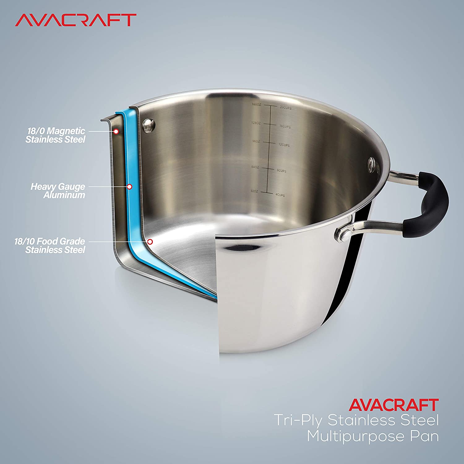 AVACRAFT 5-Quart 18/10 Tri-Ply Stainless Steel Multipurpose Pot with Glass Lid