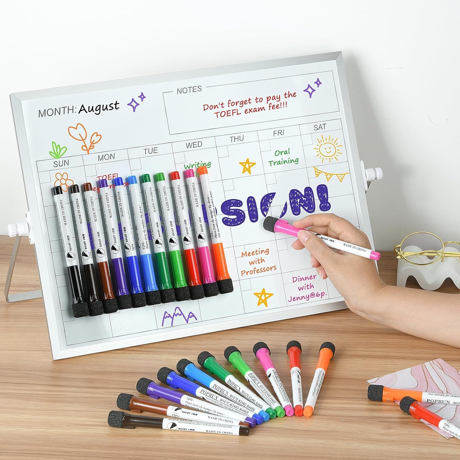 POPRUN 36-Count Fine Tip Magnetic Dry Erase Markers – 11 Colors