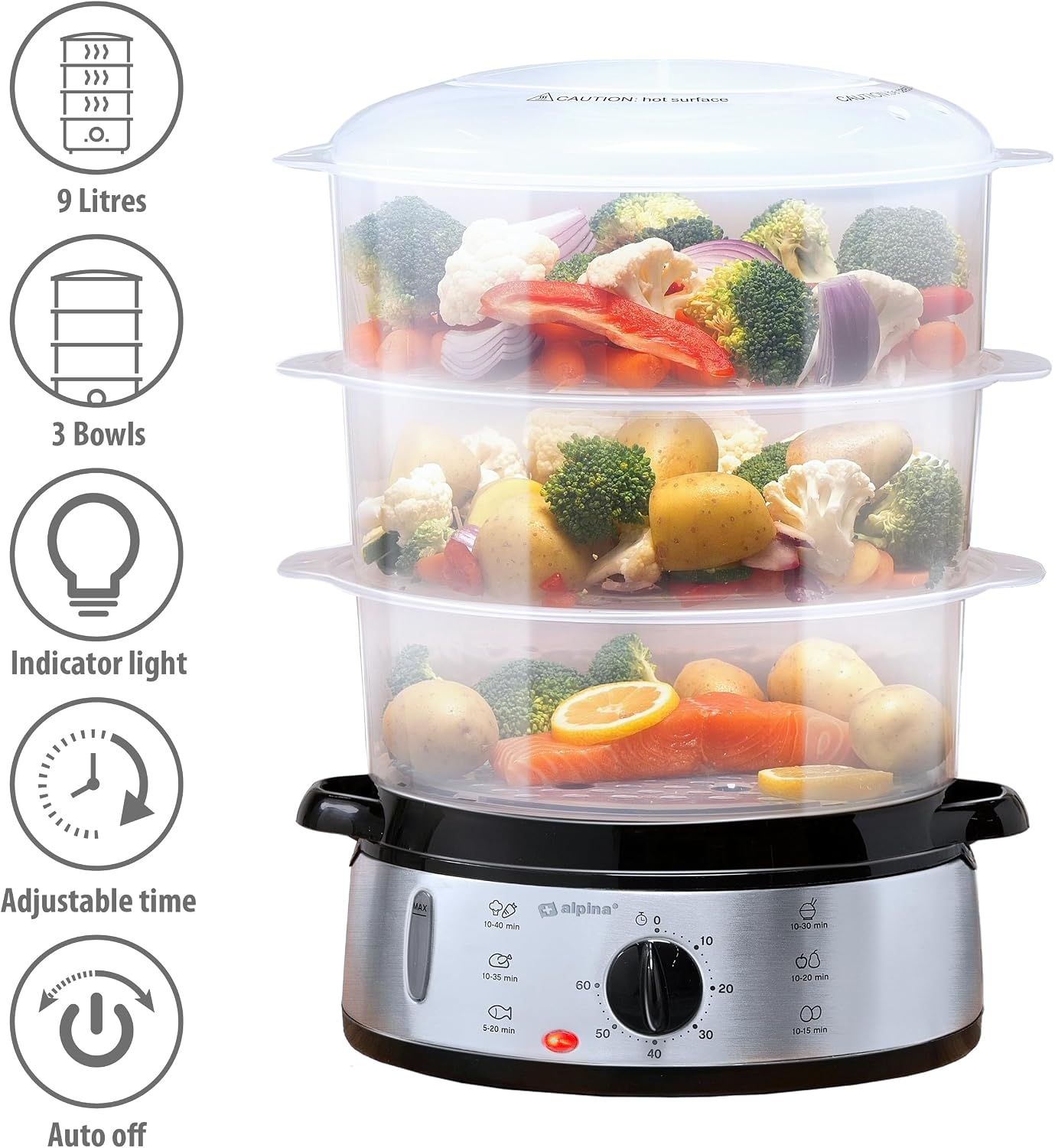 Alpina Food Steamer 230V 800W 3-Layer 9L Grey