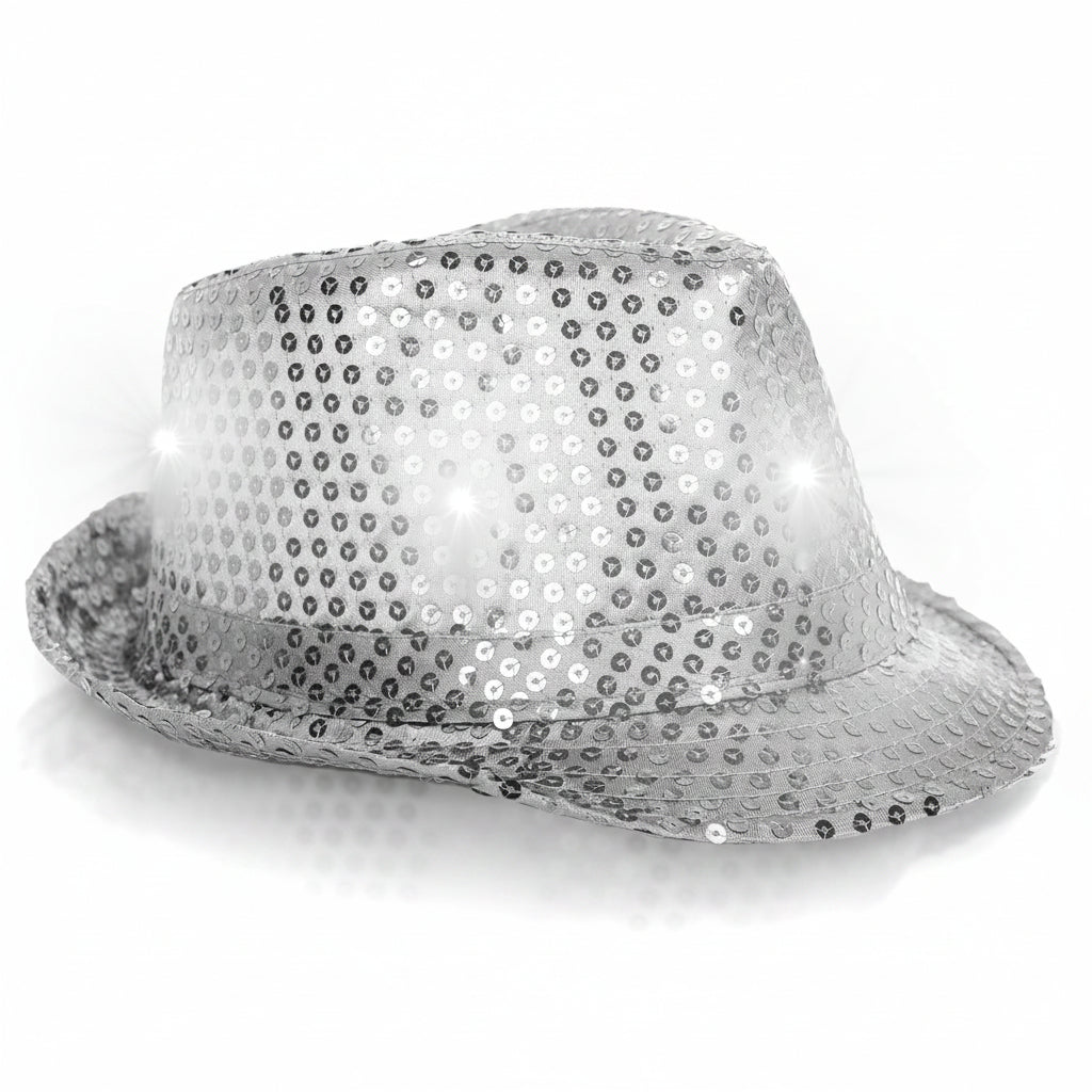 Fun Central Unisex LED Light Up Sequin Fedora Hat Silver
