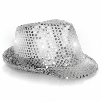 Fun Central Unisex LED Light Up Sequin Fedora Hat Silver