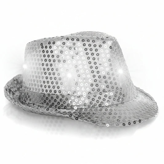 Fun Central Unisex LED Light Up Sequin Fedora Hat Silver