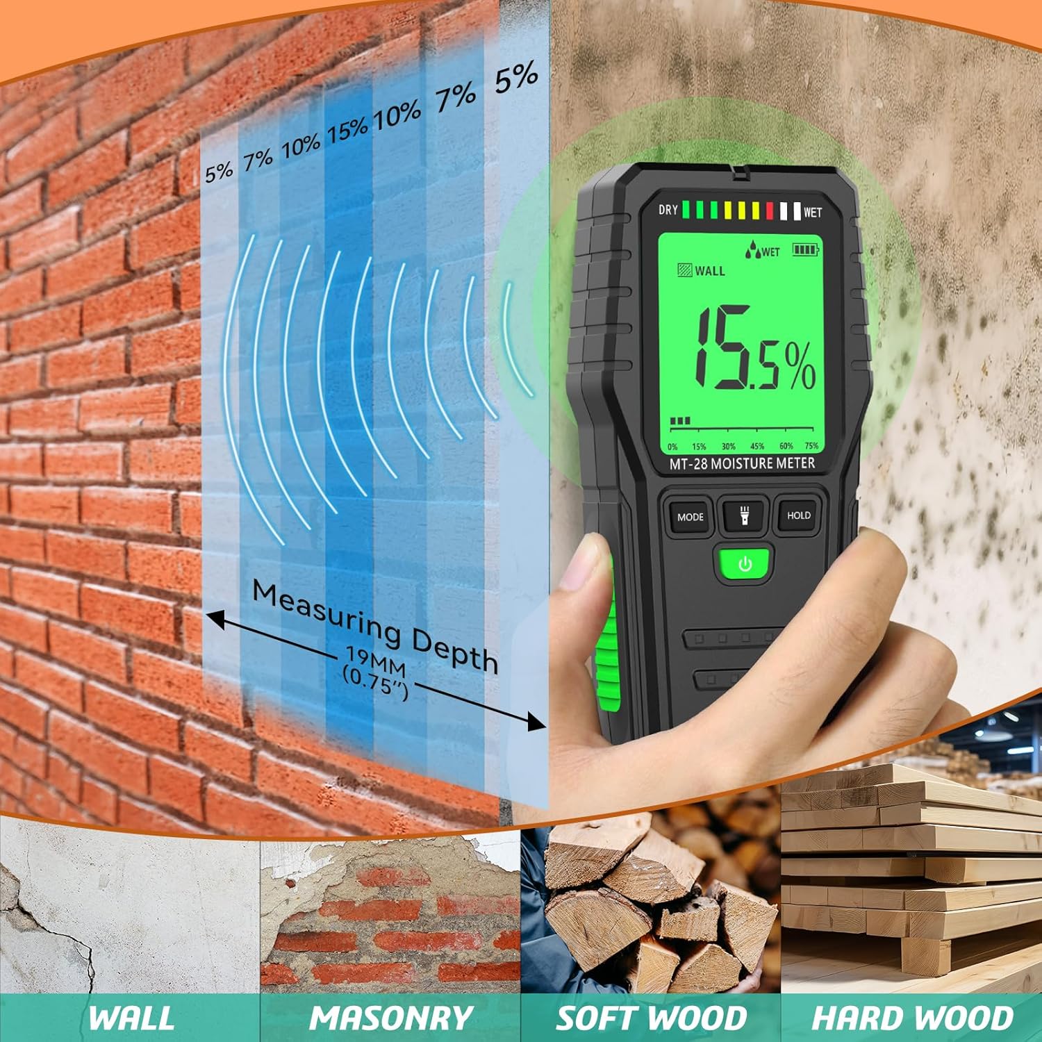 RDINSCOS Pinless Moisture Meter for Wood, Drywall, Concrete