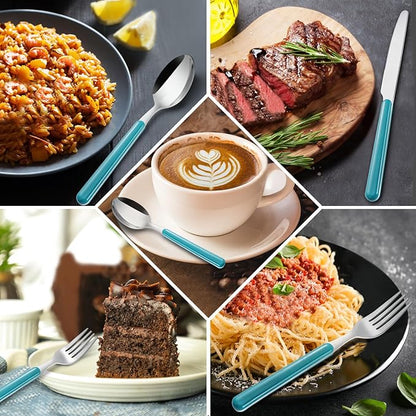 BEWOS 60 Piece Cutlery Set for 12 People, Blue Handles, Machine-Dishwasher Safe