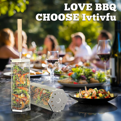 Rolling Grill Basket with Removable Wooden Handle, 304 Stainless Steel Nestable Set for Vegetables and Meats