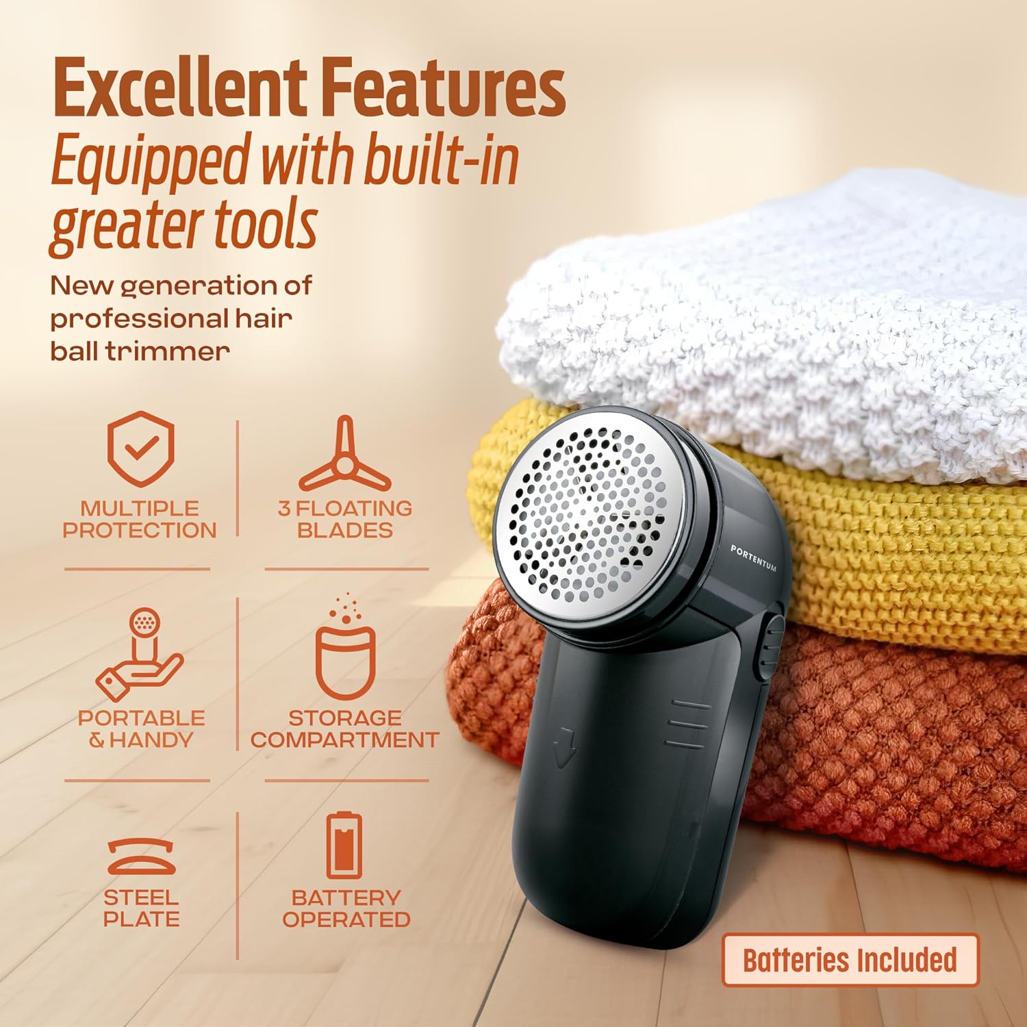 PORTENTUM Electric Lint Remover with Stainless Steel Blades Battery Included