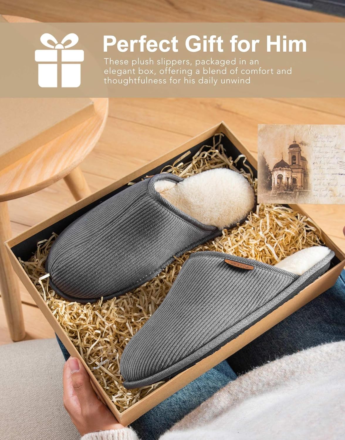 VeraCosy Men's Comfy Corduroy Memory Foam Scuff Slippers with Faux Shearling