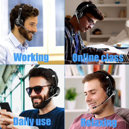 YUWAKAYI Bluetooth Headset V5.0 Noise Canceling Mic Mute 26H Battery Over-Ear Wireless Headphone for Laptop Cell Phone Tablet Call Center Office Black