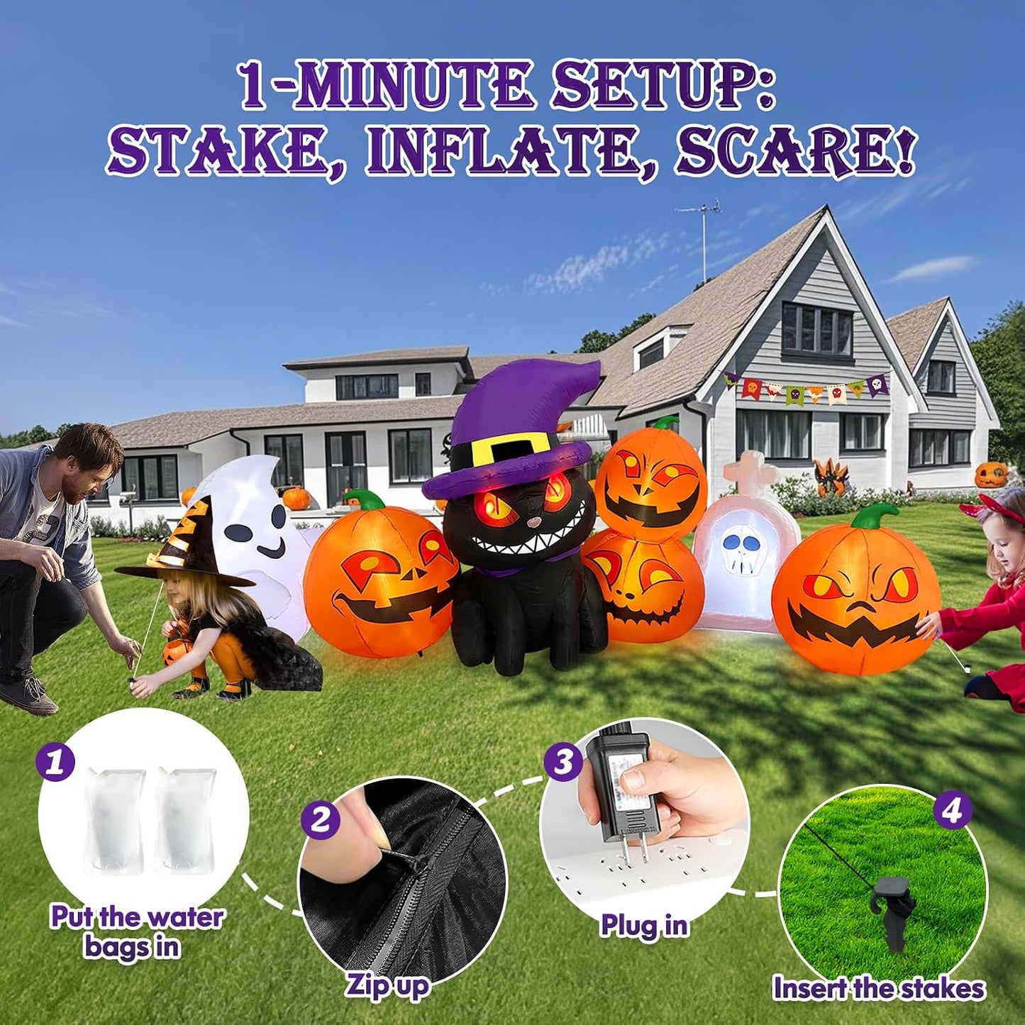 Micocah 8FT Halloween Inflatable Cat & Pumpkin Decorations with LED Lights
