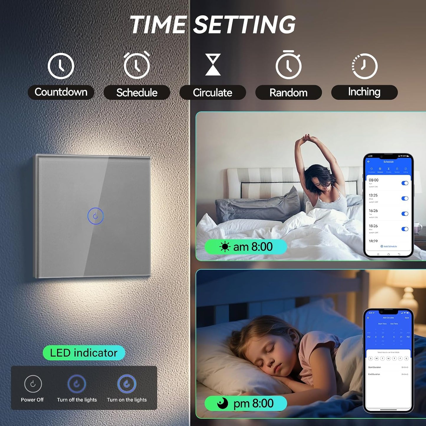 BSEED Smart Light Switch 1 Gang 1 Way Wi-Fi Touch Compatible with Alexa Google Home Grey