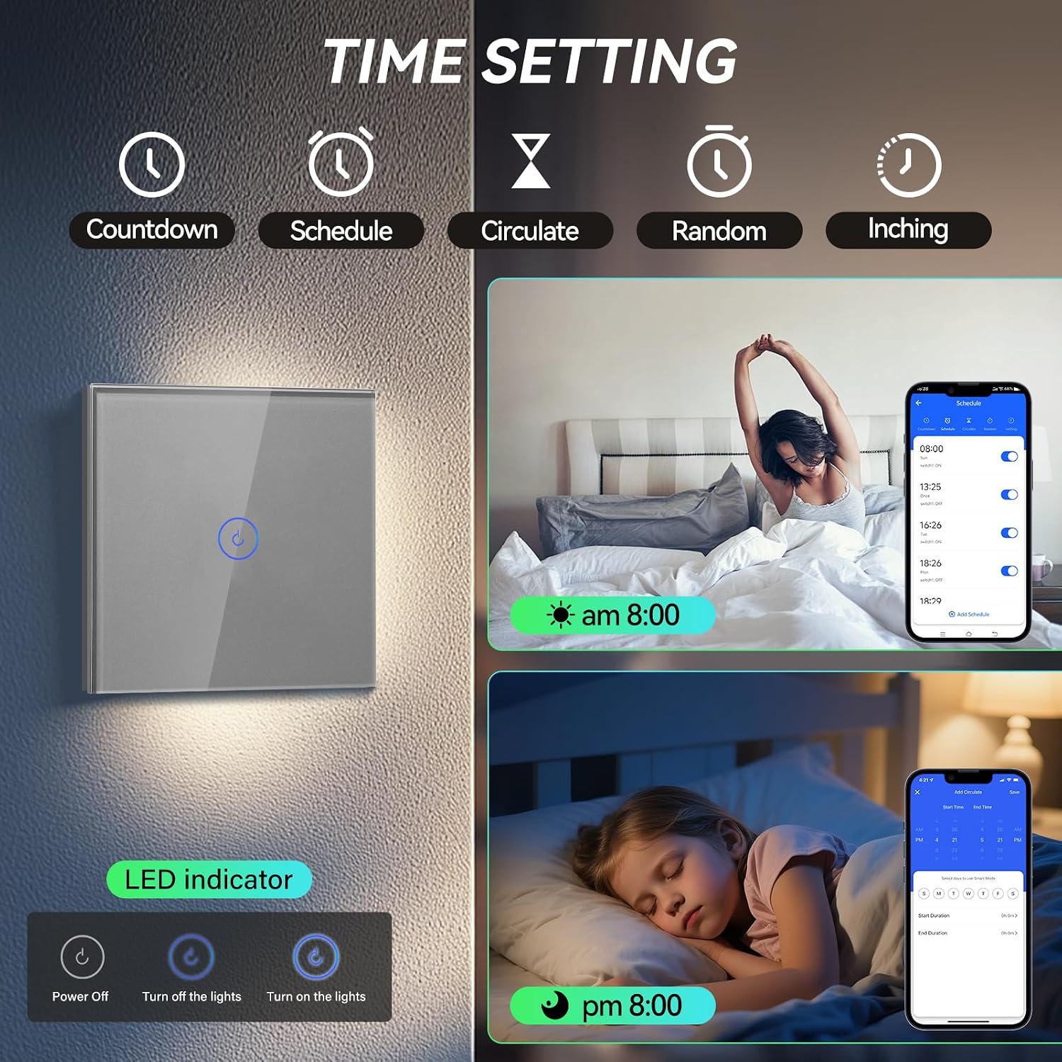 BSEED Smart Light Switch 1 Gang 1 Way Wi-Fi Touch Compatible with Alexa Google Home Grey