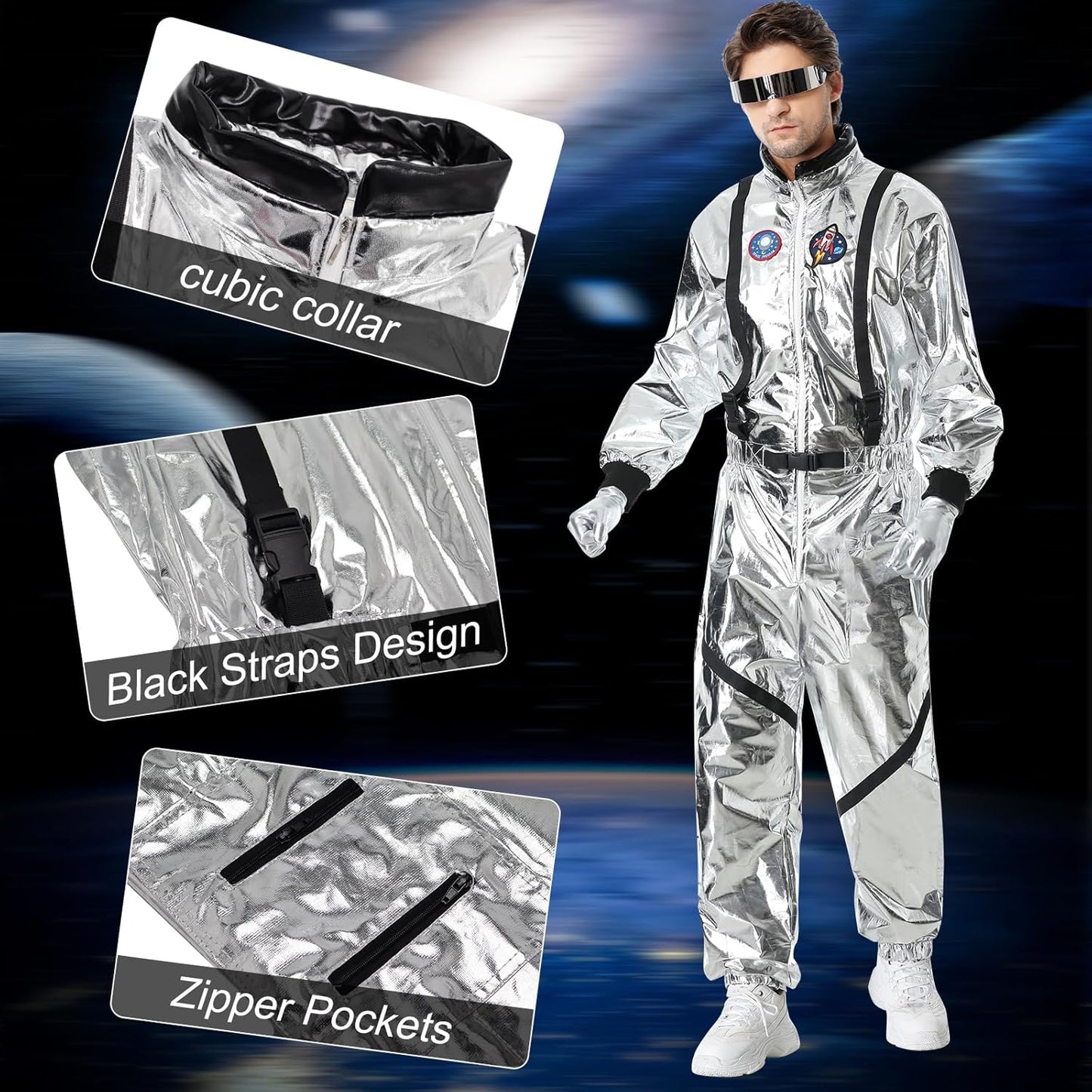 Silver Adult Astronaut Jumpsuit Costume with Helmet and Sunglasses