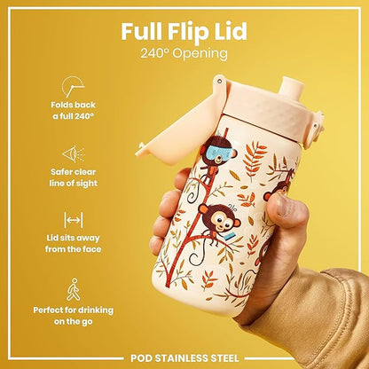 Hand holding a water bottle with monkey design and 'Full Flip Lid' features on a yellow background