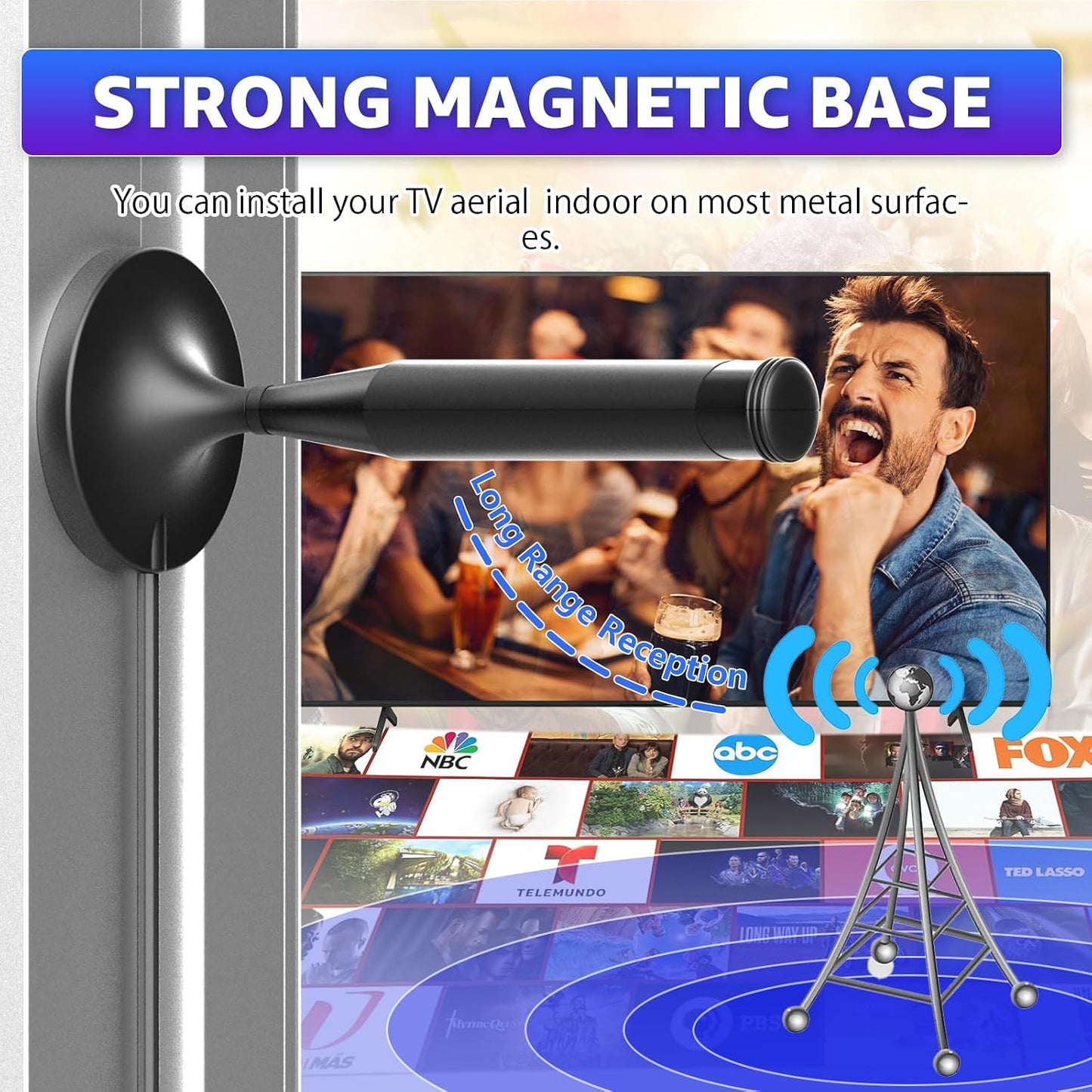 AtomDream Tech Indoor TV Aerial with Magnetic Base 360° Reception 5m Coaxial Cable Supports 8K 4K 1080P