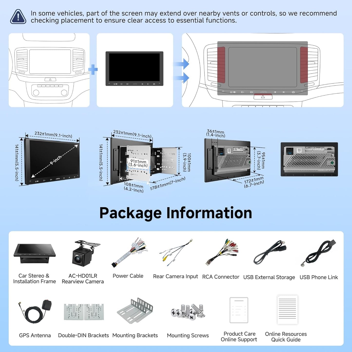 9‑Inch Android Double‑DIN Stereo with Wireless CarPlay, GPS, Backup Camera
