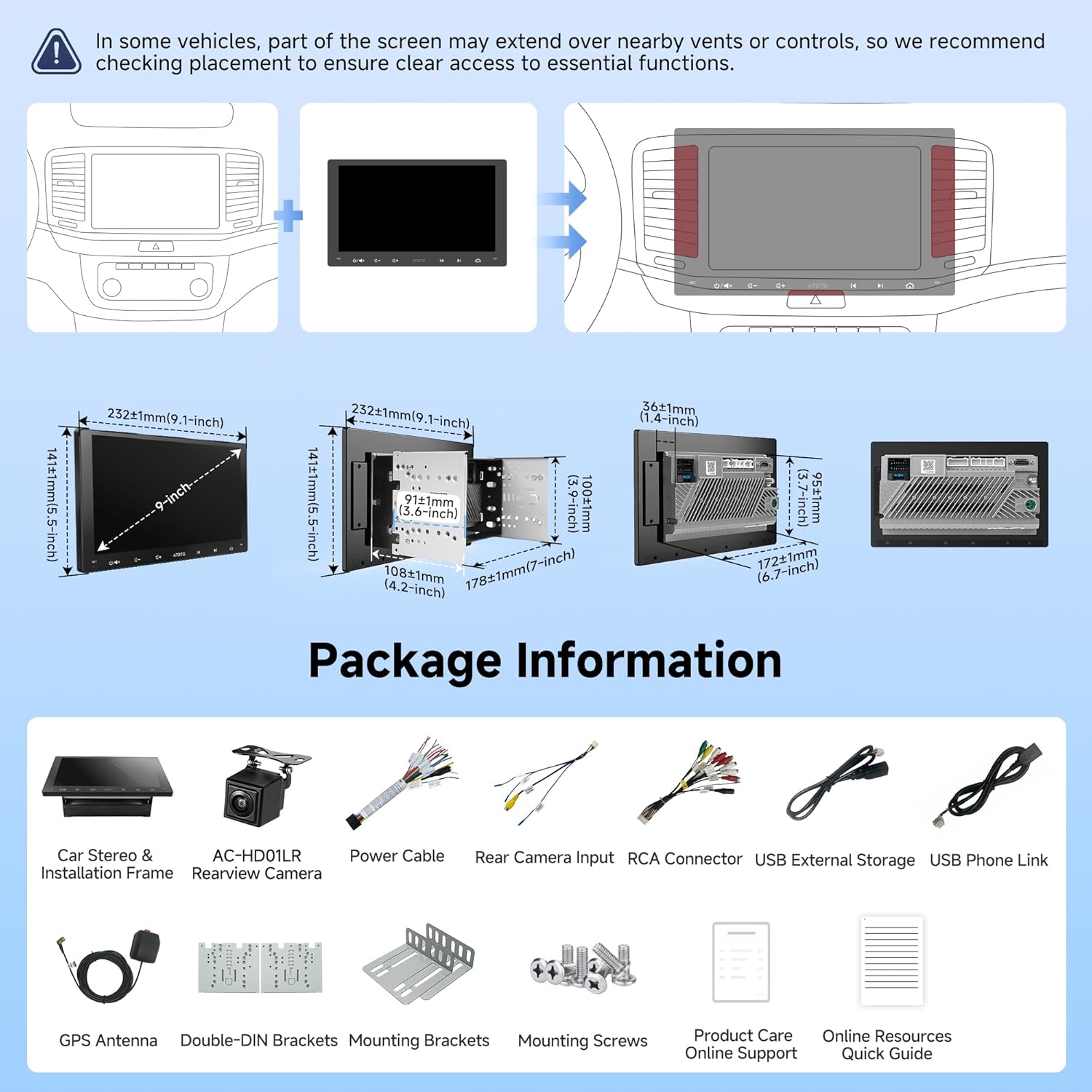 9‑Inch Android Double‑DIN Stereo with Wireless CarPlay, GPS, Backup Camera