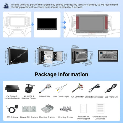 9‑Inch Android Double‑DIN Stereo with Wireless CarPlay, GPS, Backup Camera