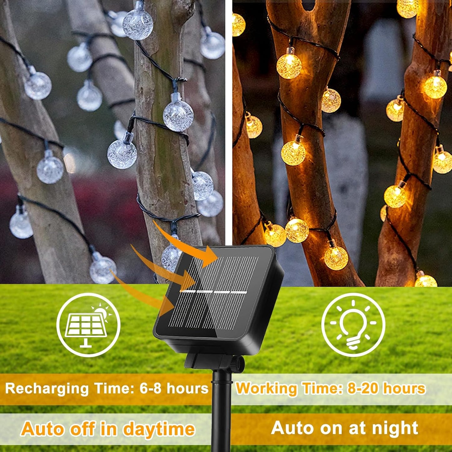 Yogle Solar String Lights Outdoor 6.5m 30 LED Crystal Ball with 8 Modes Timer IP65 Waterproof for Garden Balcony Terrace Trees Weddings Parties Warm White