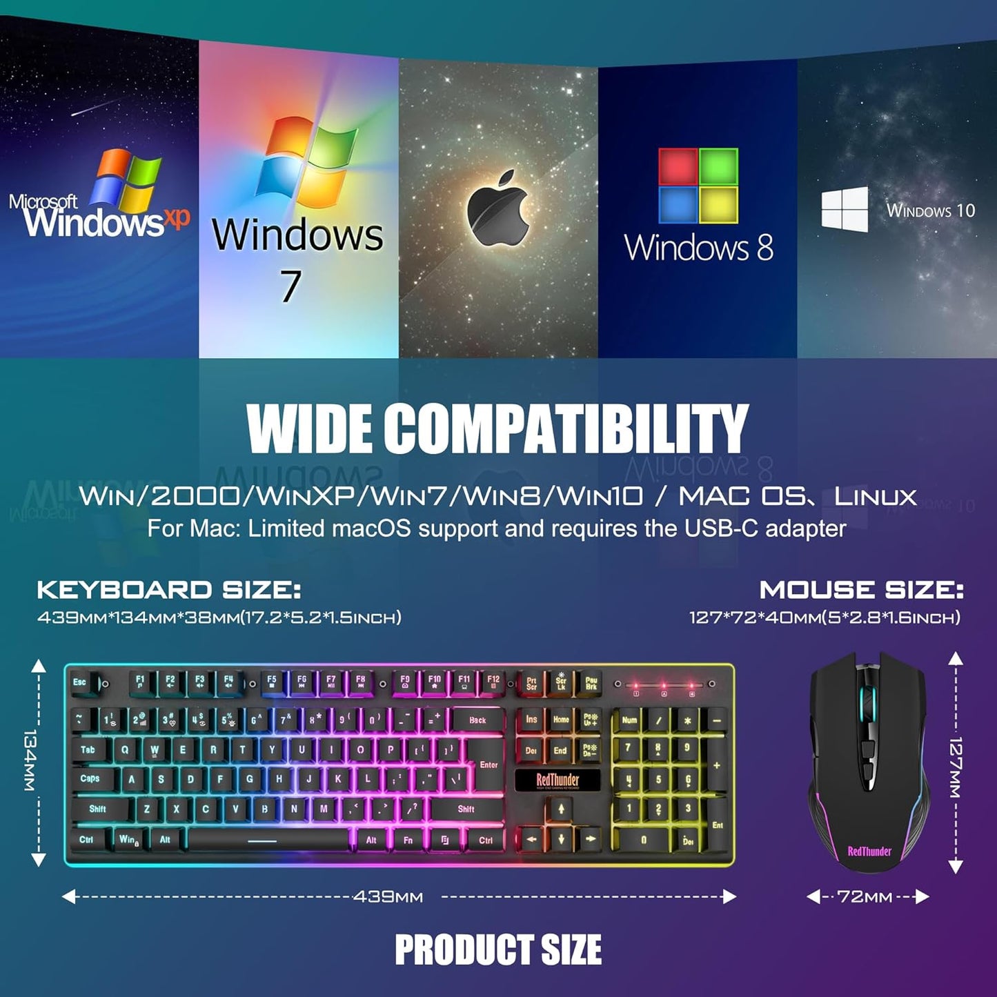 RedThunder K10 Wireless Gaming Keyboard & Mouse Combo with RGB