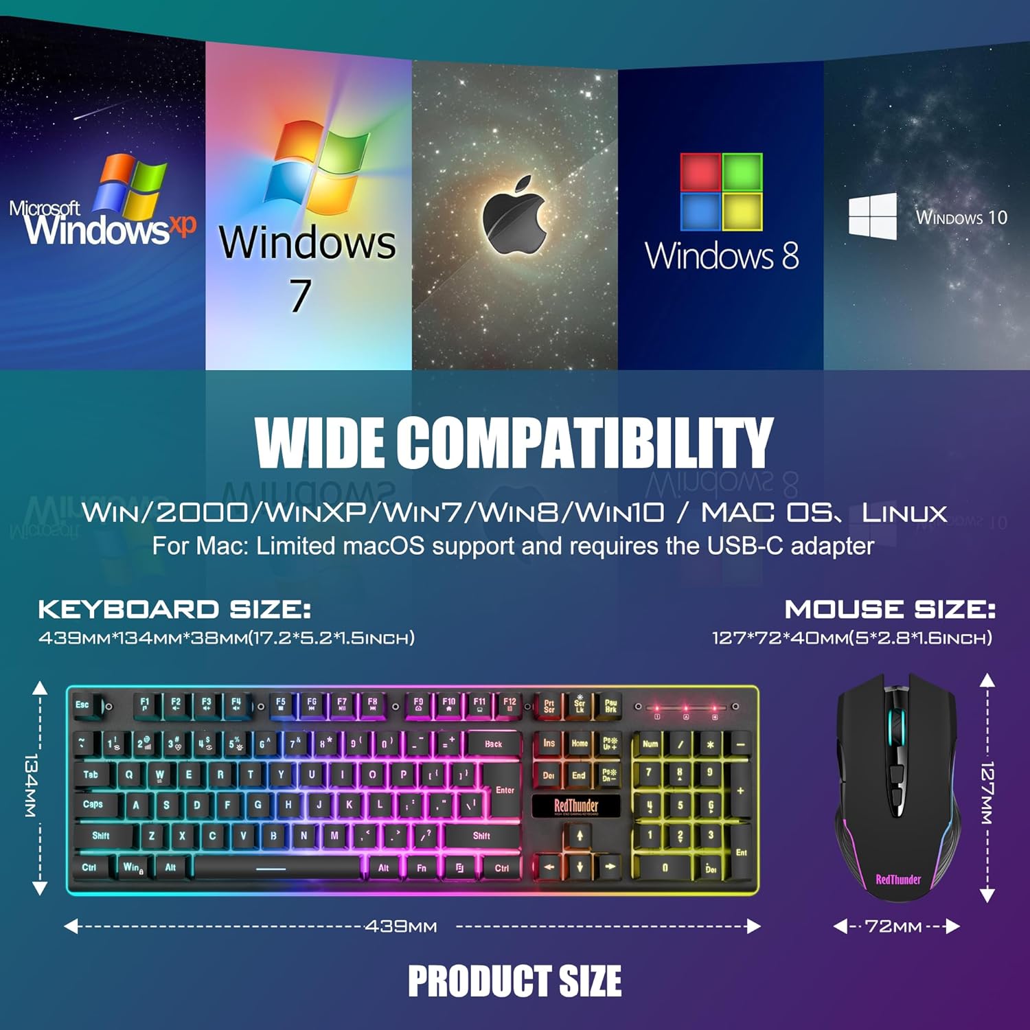 RedThunder K10 Wireless Gaming Keyboard & Mouse Combo with RGB
