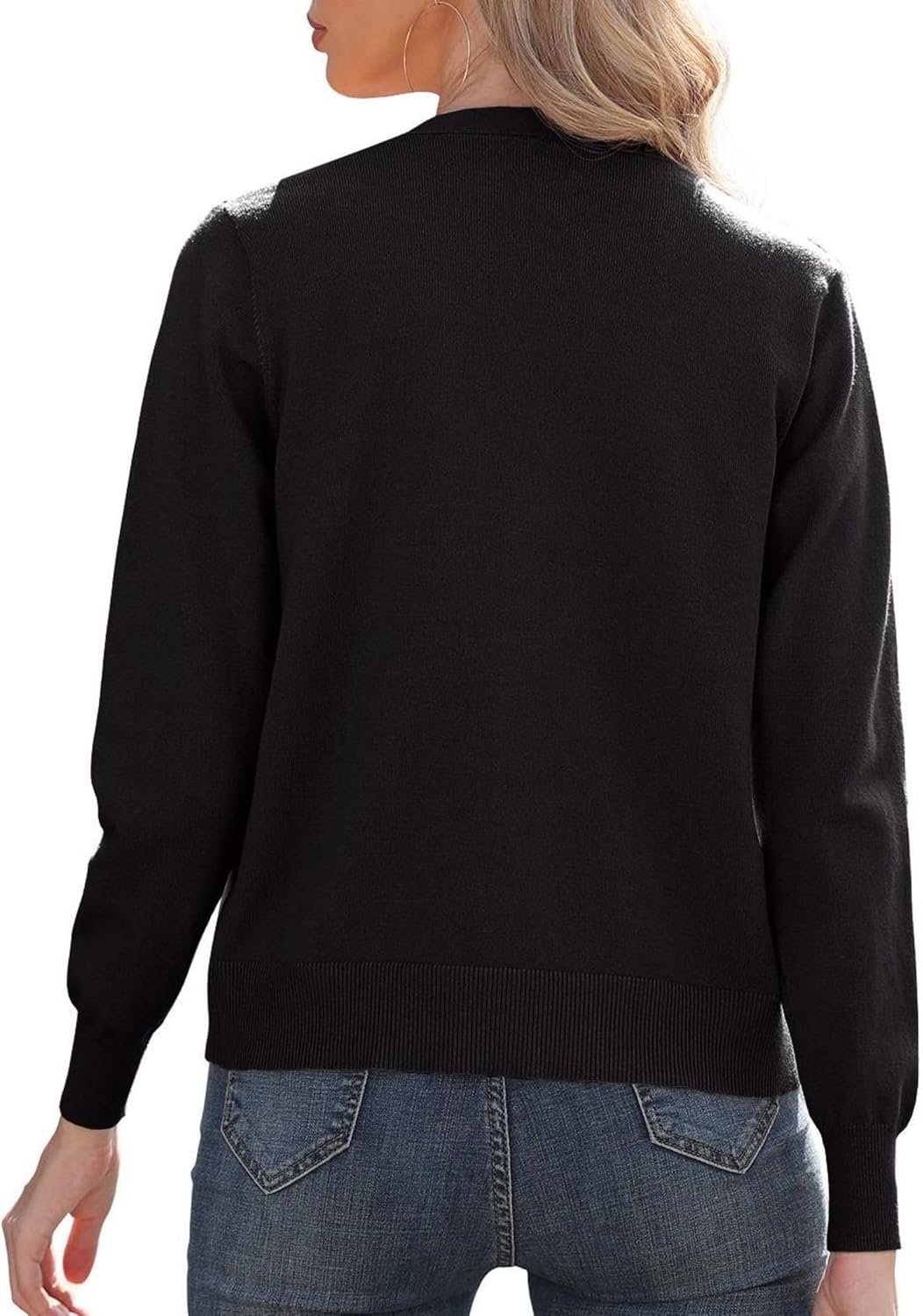 GRECERELLE Women's Lightweight Black Knitted V‑Neck Long Sleeve Button‑Down Cardigan