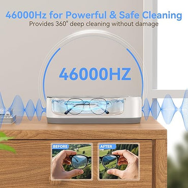Glasses cleaning device with 46000Hz frequency on a wooden surface.