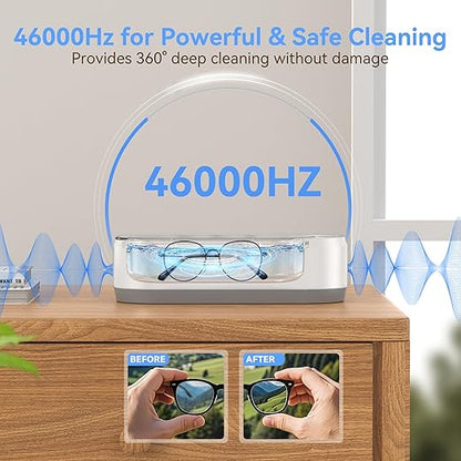 Glasses cleaning device with 46000Hz frequency on a wooden surface.