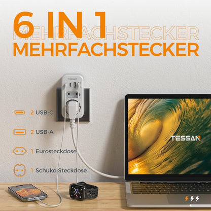 TESSAN 6-in-1 Double Plug Power Adapter with USB-C Grey