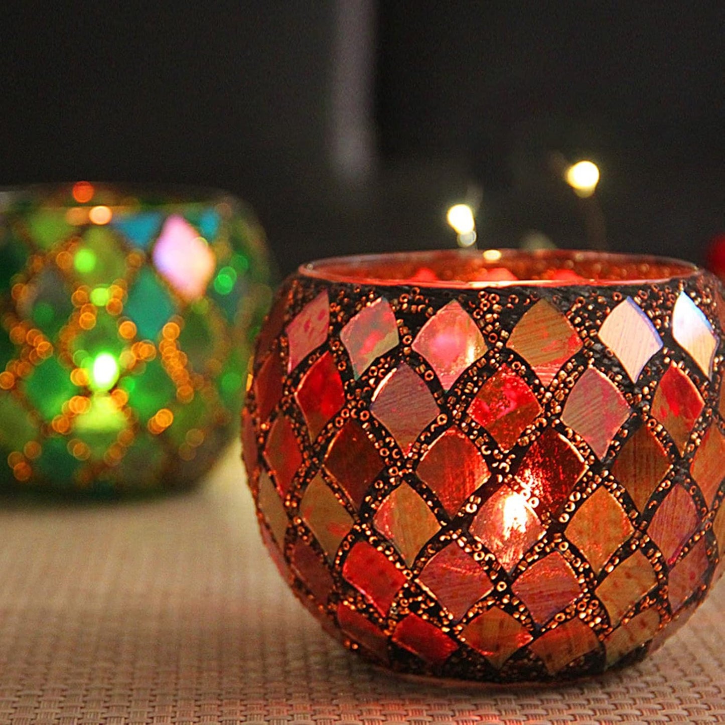 Red Mosaic Glass Tealight Holder – Decorative Vase & Desk Organizer