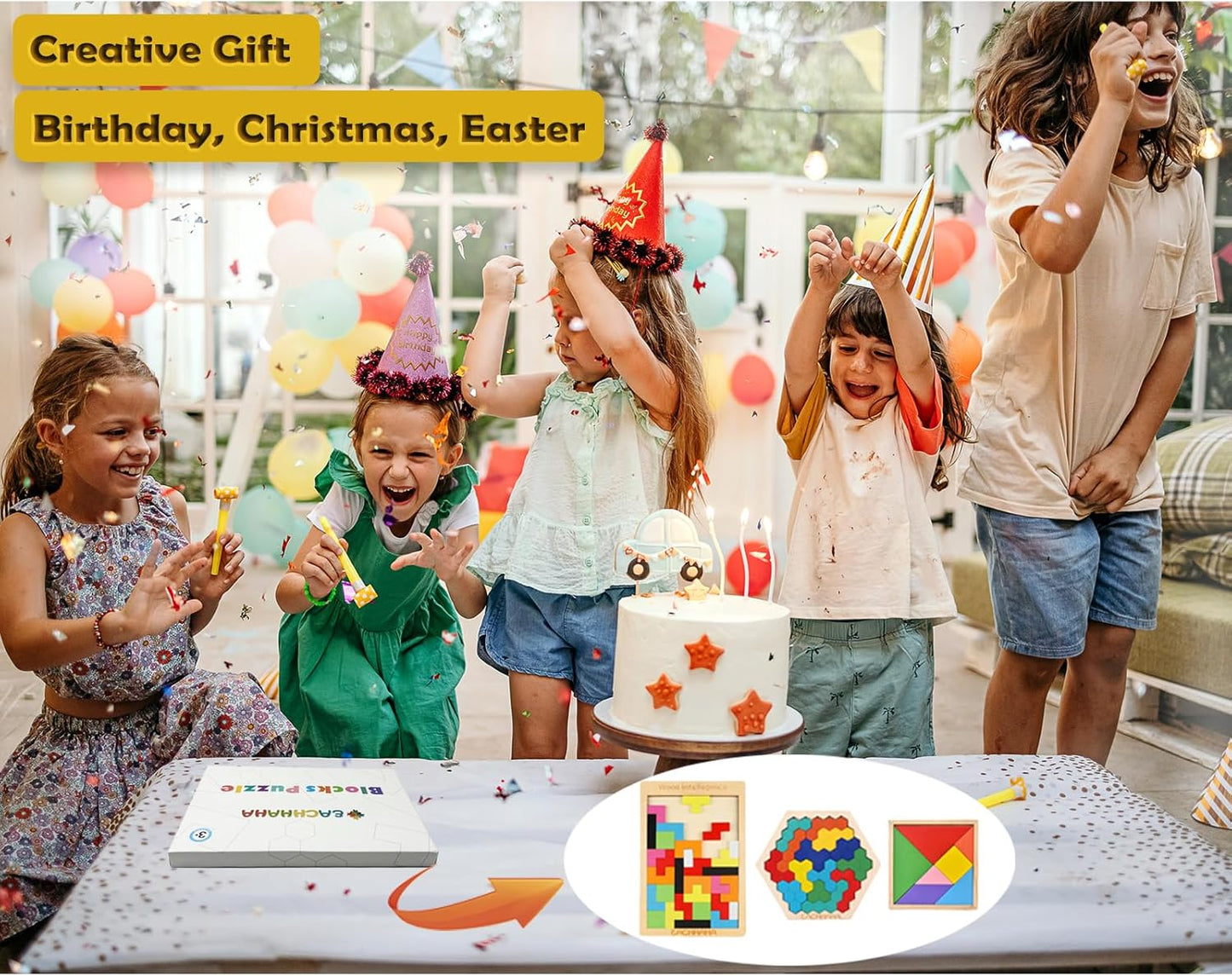 3-in-1 Wooden Tangram Puzzle Set, Bright Colors, 61 Pieces